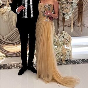 Strapless Beaded Tulle Gown in Champagne
